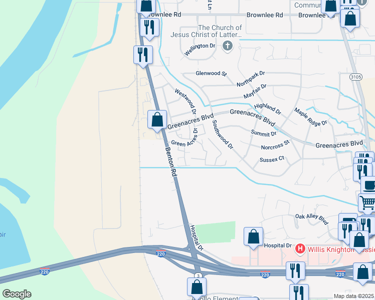 map of restaurants, bars, coffee shops, grocery stores, and more near 3635 Greenacres Boulevard in Bossier City
