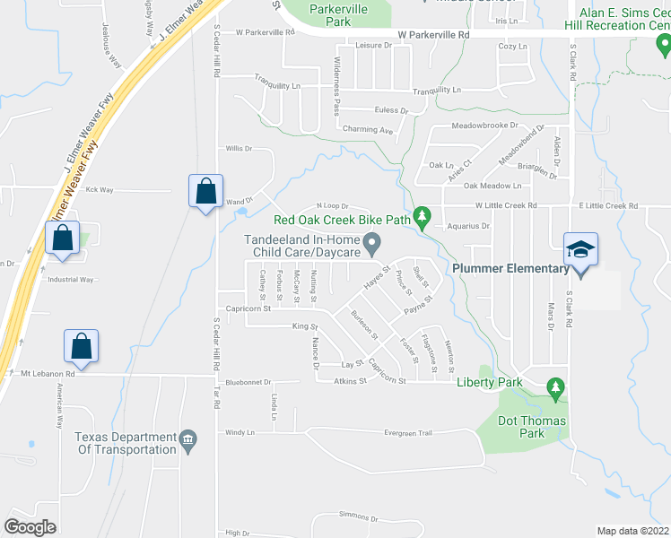 map of restaurants, bars, coffee shops, grocery stores, and more near 1204 Crabtree Court in Cedar Hill