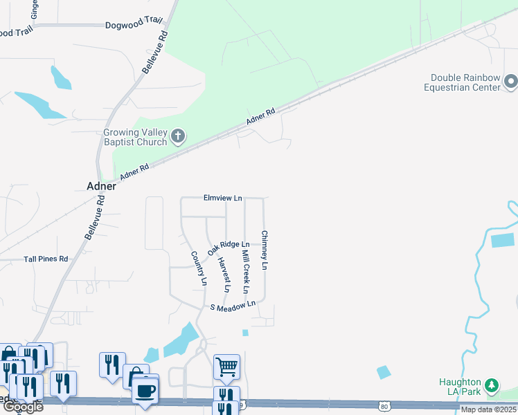 map of restaurants, bars, coffee shops, grocery stores, and more near 219 Chimney Lane in Haughton