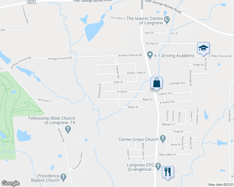 map of restaurants, bars, coffee shops, grocery stores, and more near 4505 Farmer Road in Longview