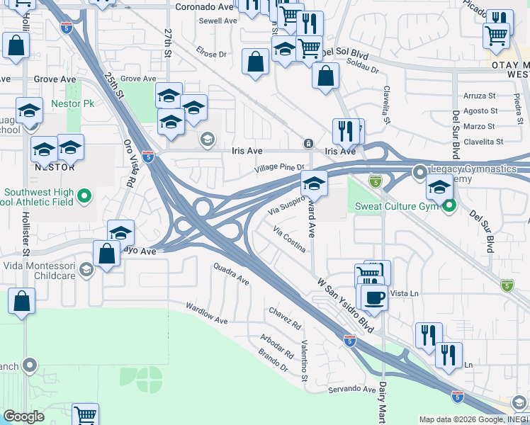 map of restaurants, bars, coffee shops, grocery stores, and more near 2896 Via Suspiro in San Diego
