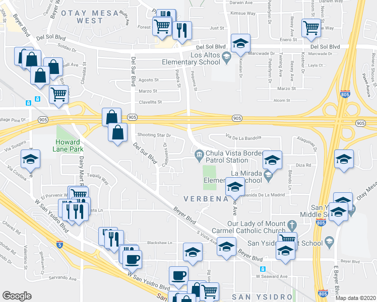 map of restaurants, bars, coffee shops, grocery stores, and more near 1532 Smythe Avenue in San Diego