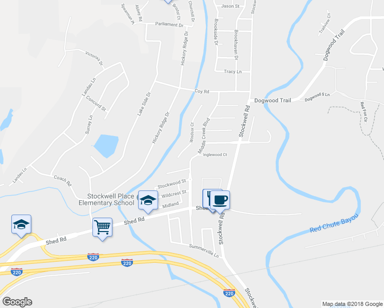 map of restaurants, bars, coffee shops, grocery stores, and more near 2239 Middle Creek Boulevard in Bossier City