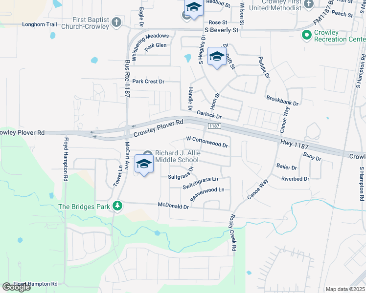 map of restaurants, bars, coffee shops, grocery stores, and more near 1225 Cottonwood Drive in Crowley