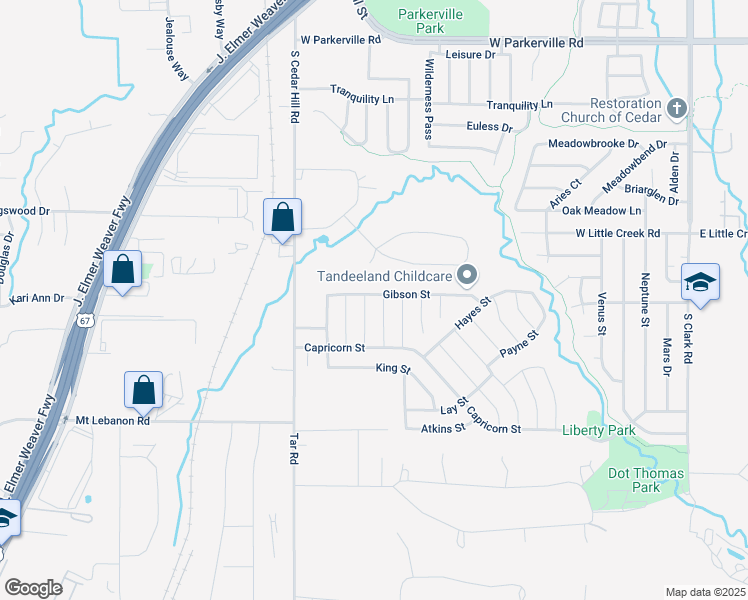 map of restaurants, bars, coffee shops, grocery stores, and more near 640 Gibson Street in Cedar Hill