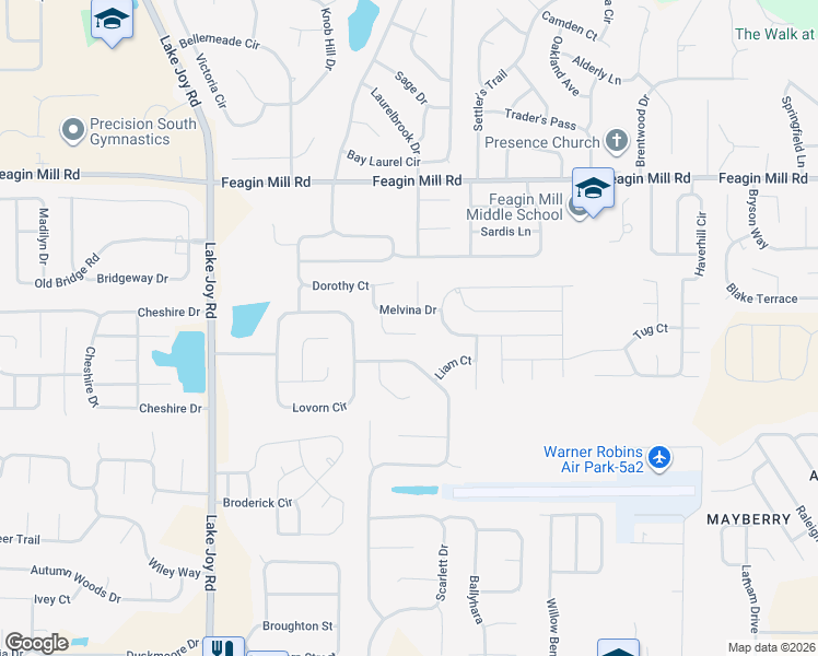 map of restaurants, bars, coffee shops, grocery stores, and more near 207 Melvina Drive in Warner Robins