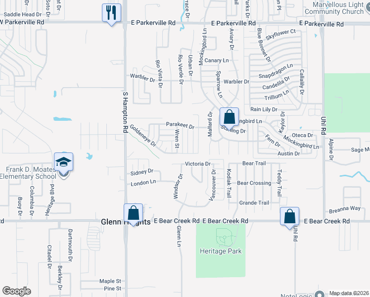 map of restaurants, bars, coffee shops, grocery stores, and more near 1500 Wren Street in DeSoto