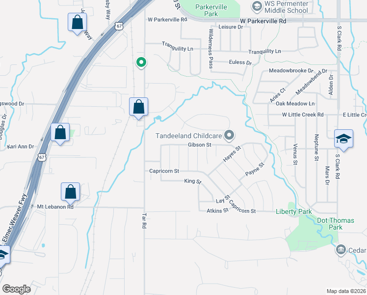 map of restaurants, bars, coffee shops, grocery stores, and more near 629 Gibson Street in Cedar Hill