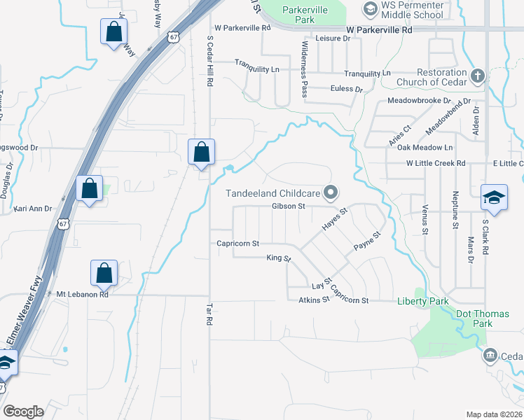 map of restaurants, bars, coffee shops, grocery stores, and more near 713 Gibson Street in Cedar Hill