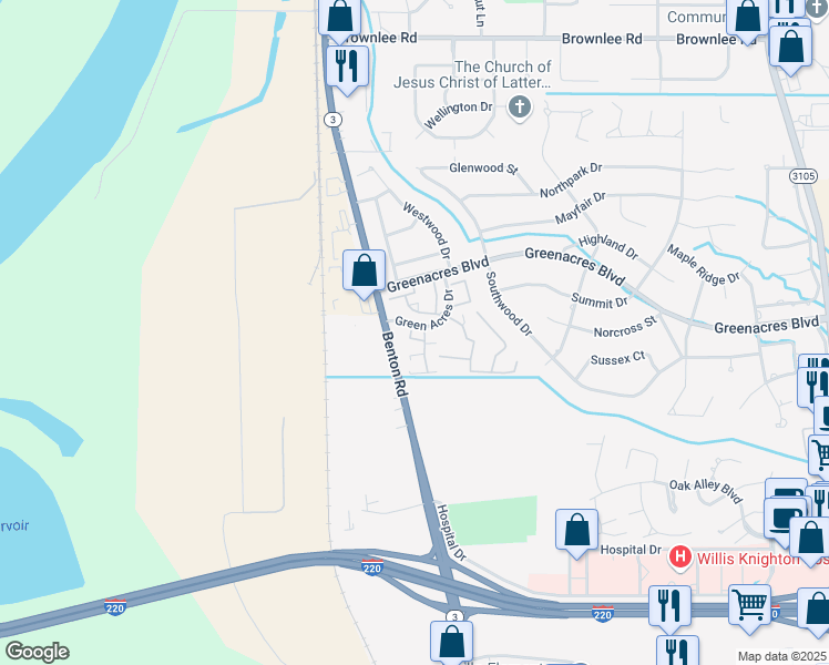 map of restaurants, bars, coffee shops, grocery stores, and more near 3634 Greenacres Boulevard in Bossier City