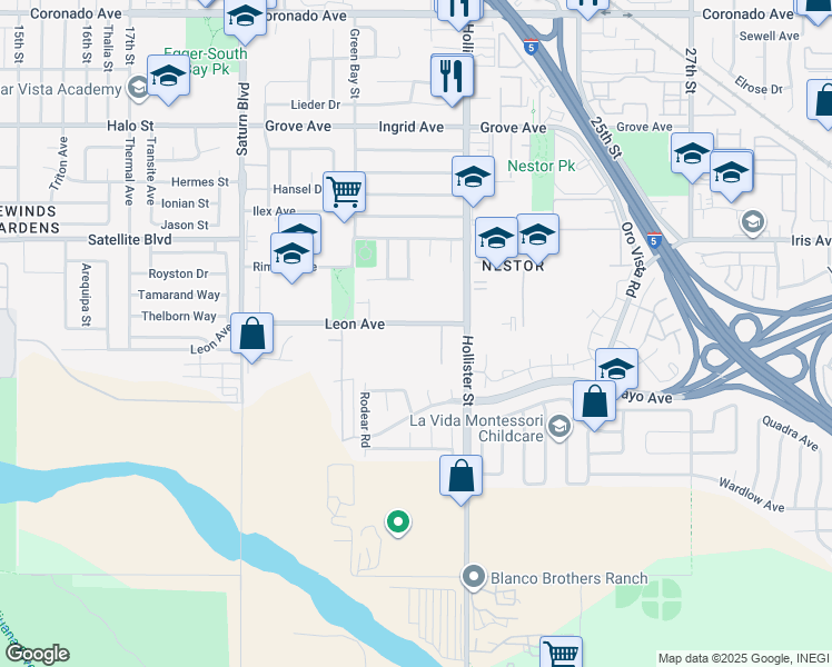 map of restaurants, bars, coffee shops, grocery stores, and more near 2205 Leon Avenue in San Diego