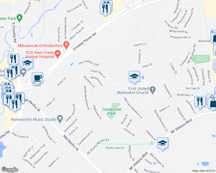 map of restaurants, bars, coffee shops, grocery stores, and more near 1224 Foxglove Lane in Burleson
