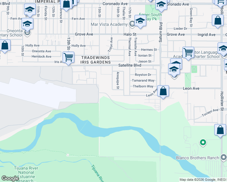map of restaurants, bars, coffee shops, grocery stores, and more near 1646 Arequipa Street in San Diego