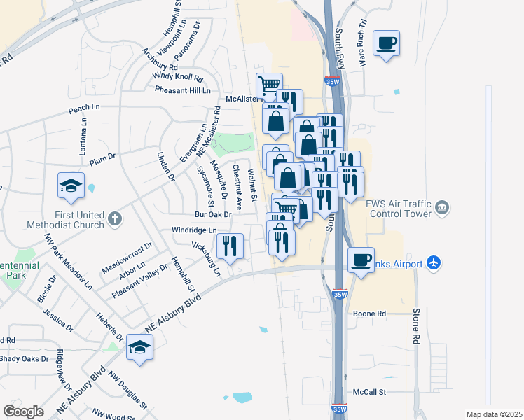map of restaurants, bars, coffee shops, grocery stores, and more near 820 Walnut Street in Burleson
