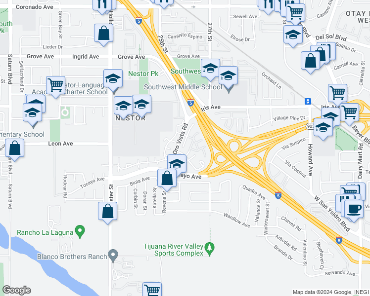 map of restaurants, bars, coffee shops, grocery stores, and more near 1691 Oro Vista Road in San Diego