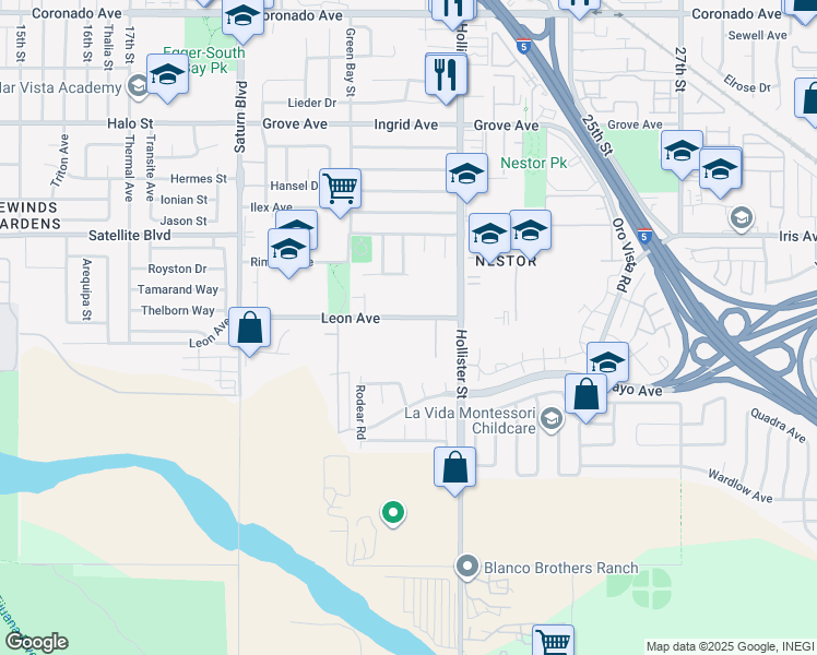 map of restaurants, bars, coffee shops, grocery stores, and more near 2205 Leon Avenue in San Diego