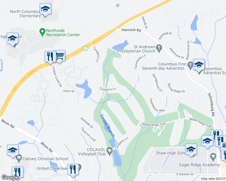 map of restaurants, bars, coffee shops, grocery stores, and more near 4903 Turnberry Lane in Columbus