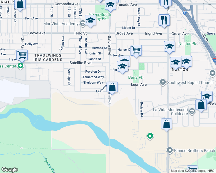 map of restaurants, bars, coffee shops, grocery stores, and more near 1885 Leon Avenue in San Diego