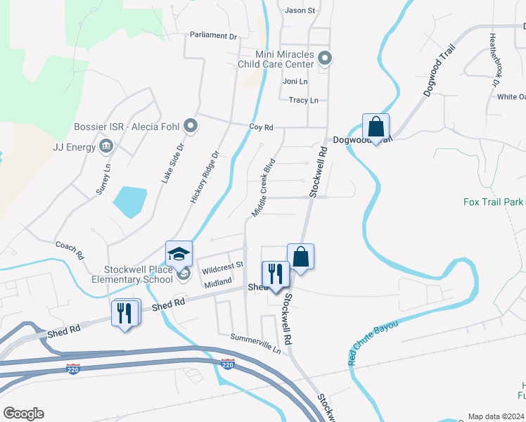 map of restaurants, bars, coffee shops, grocery stores, and more near 2244 Middle Creek Boulevard in Bossier City
