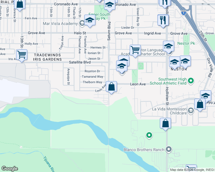 map of restaurants, bars, coffee shops, grocery stores, and more near 1885 Leon Avenue in San Diego