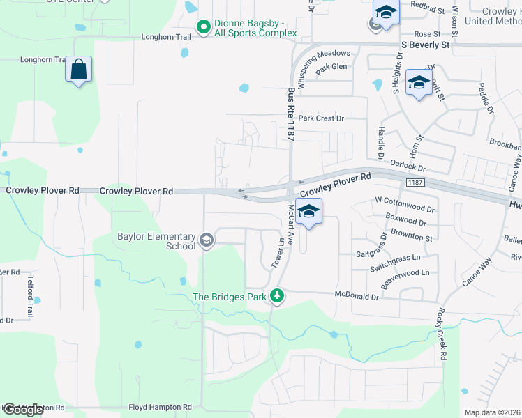 map of restaurants, bars, coffee shops, grocery stores, and more near Crowley Plover Rd in Crowley