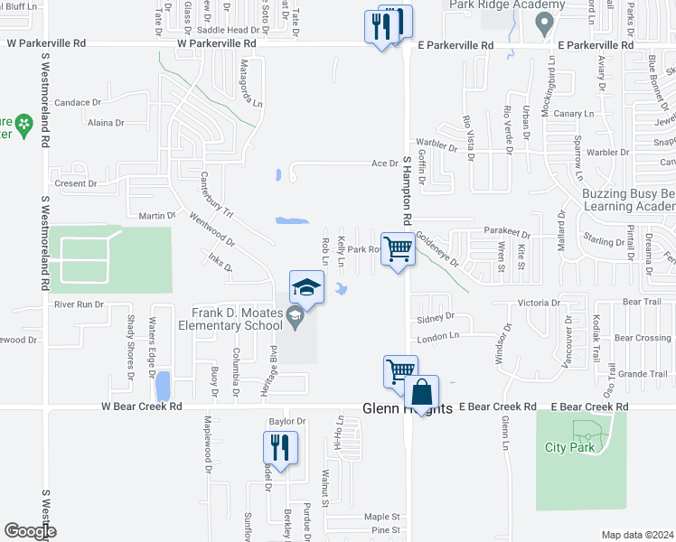 map of restaurants, bars, coffee shops, grocery stores, and more near 103 Kelly Lane in DeSoto