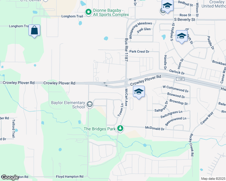 map of restaurants, bars, coffee shops, grocery stores, and more near Crowley Plover Rd in Crowley