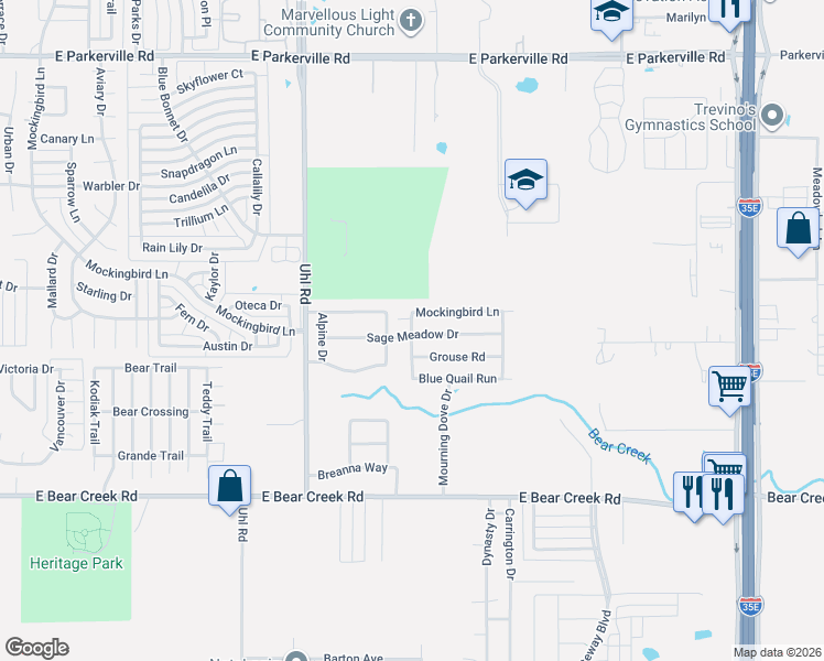 map of restaurants, bars, coffee shops, grocery stores, and more near 1 Mockingbird Lane in Glenn Heights