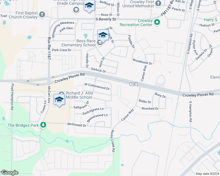 map of restaurants, bars, coffee shops, grocery stores, and more near 1100 Cottonwood Drive in Crowley