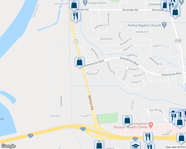 map of restaurants, bars, coffee shops, grocery stores, and more near 3638 Green Acres Drive in Bossier City