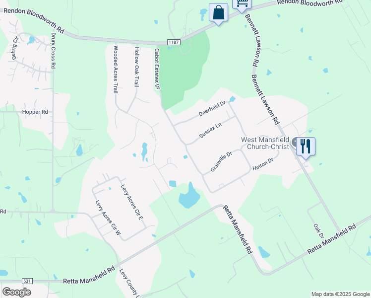 map of restaurants, bars, coffee shops, grocery stores, and more near 7323 Cabot Estates Drive in Mansfield