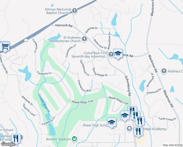 map of restaurants, bars, coffee shops, grocery stores, and more near 4835 Springwood Circle in Columbus