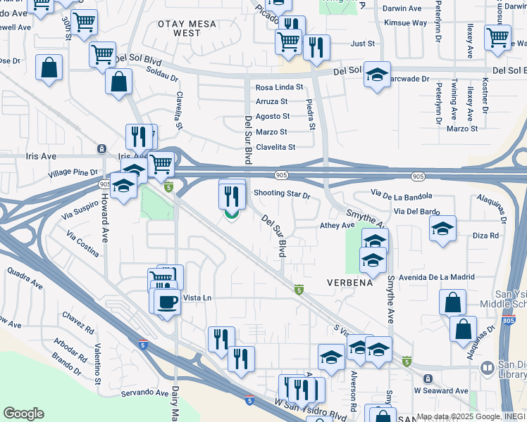 map of restaurants, bars, coffee shops, grocery stores, and more near 1642 Big Dipper Way in San Diego