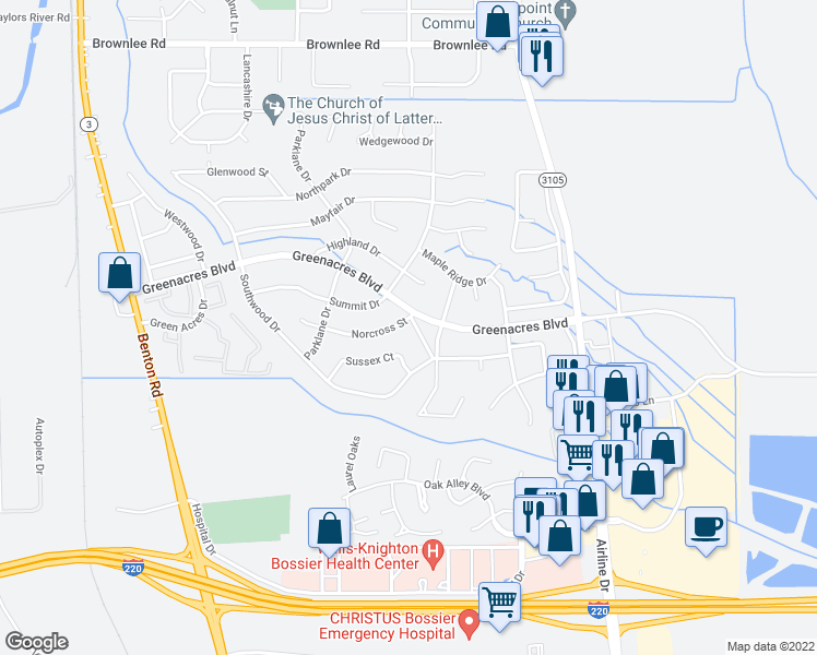 map of restaurants, bars, coffee shops, grocery stores, and more near 100 Yardley Court in Bossier City