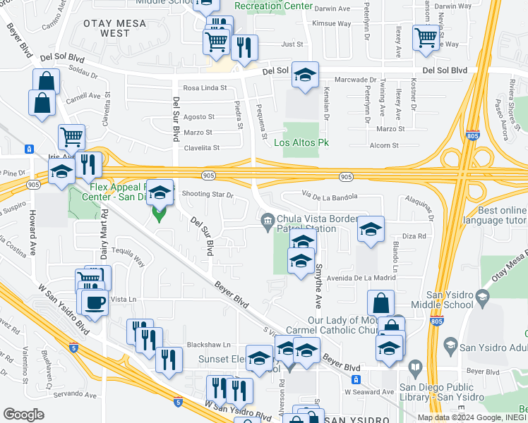 map of restaurants, bars, coffee shops, grocery stores, and more near 1558 Smythe Avenue in San Diego