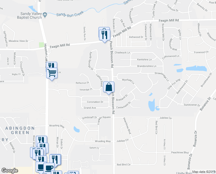 map of restaurants, bars, coffee shops, grocery stores, and more near 97 Haven Crest in Warner Robins