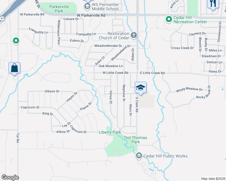 map of restaurants, bars, coffee shops, grocery stores, and more near 1120 Venus Street in Cedar Hill