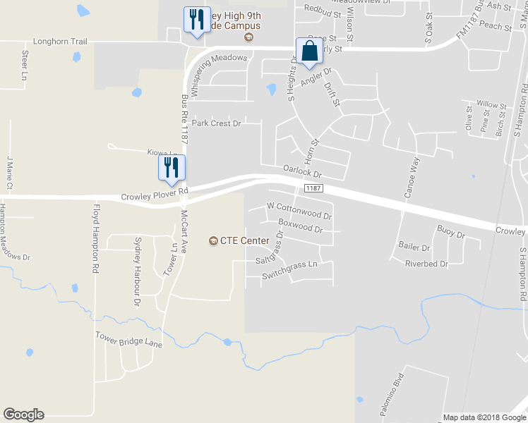 map of restaurants, bars, coffee shops, grocery stores, and more near 1237 Cottonwood Drive in Crowley