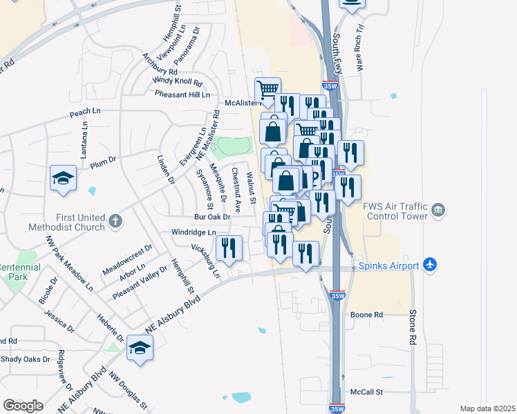 map of restaurants, bars, coffee shops, grocery stores, and more near 820 Walnut Street in Burleson