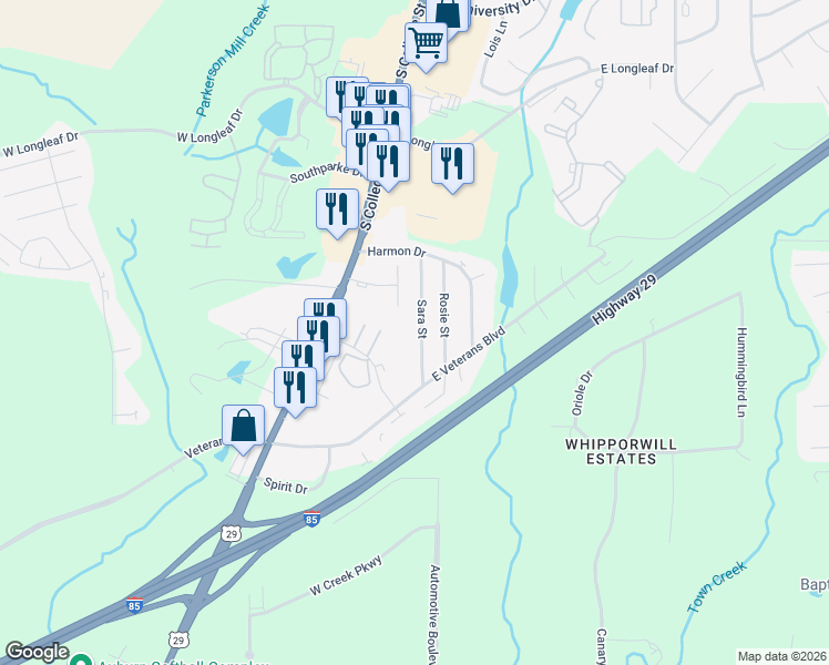 map of restaurants, bars, coffee shops, grocery stores, and more near 1994 Sara Street in Auburn
