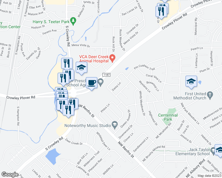 map of restaurants, bars, coffee shops, grocery stores, and more near 301 Daisy Lane in Burleson