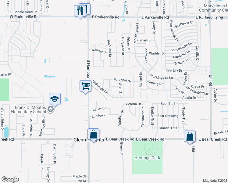 map of restaurants, bars, coffee shops, grocery stores, and more near 1501 Waterthrush Court in DeSoto