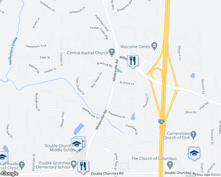 map of restaurants, bars, coffee shops, grocery stores, and more near 1419 Steeple Court in Columbus