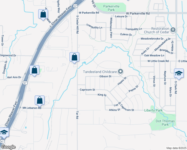 map of restaurants, bars, coffee shops, grocery stores, and more near 705 Gibson Street in Cedar Hill