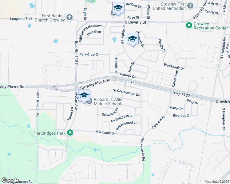 map of restaurants, bars, coffee shops, grocery stores, and more near 1225 Cottonwood Dr in Crowley