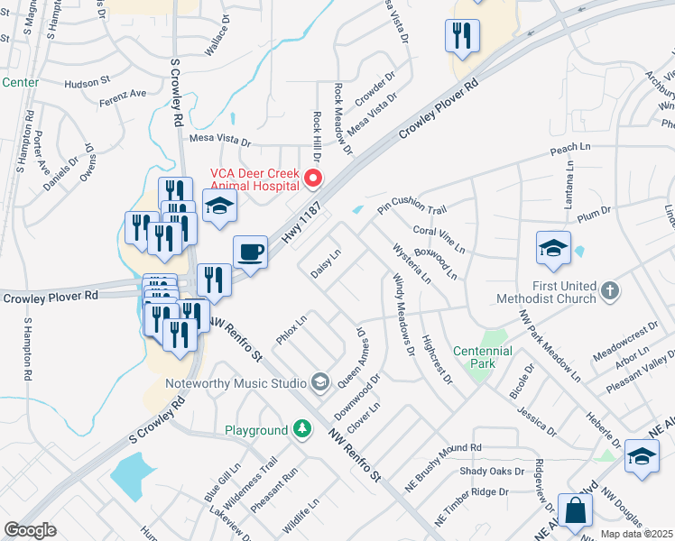 map of restaurants, bars, coffee shops, grocery stores, and more near 321 Indian Blanket Drive in Burleson