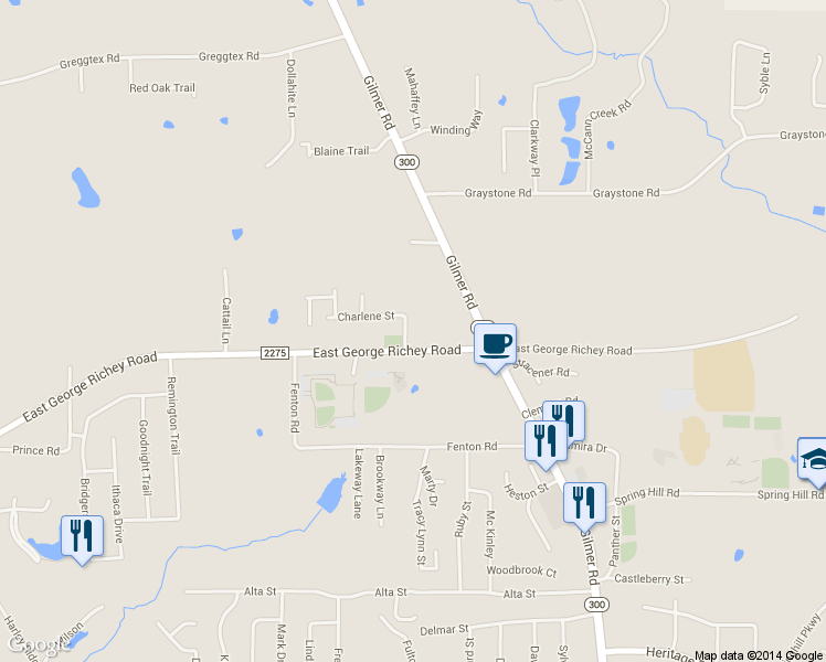 map of restaurants, bars, coffee shops, grocery stores, and more near 202 Lansford Street in Longview
