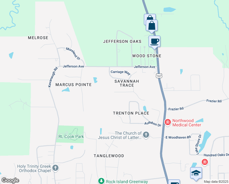 map of restaurants, bars, coffee shops, grocery stores, and more near 598 Savannah Trce in Ruston