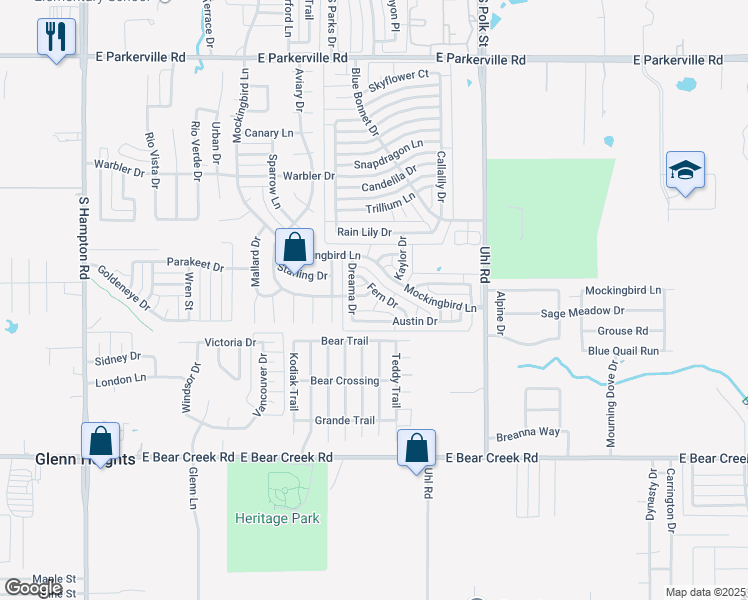 map of restaurants, bars, coffee shops, grocery stores, and more near 610 Aviary Drive in DeSoto
