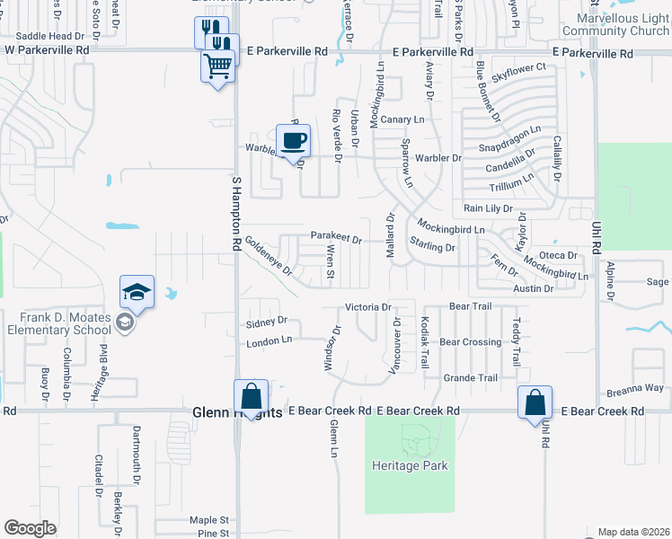 map of restaurants, bars, coffee shops, grocery stores, and more near 1500 Wren Street in DeSoto